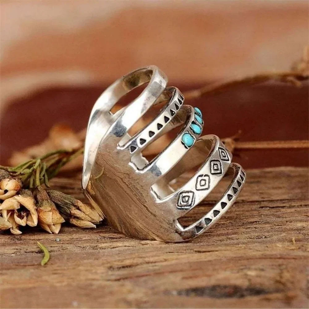 Ring Size 7 Vintage Look Bohemian Multi Layer Faux Turquoise Inlaid Wide New - Picture 3 of 5